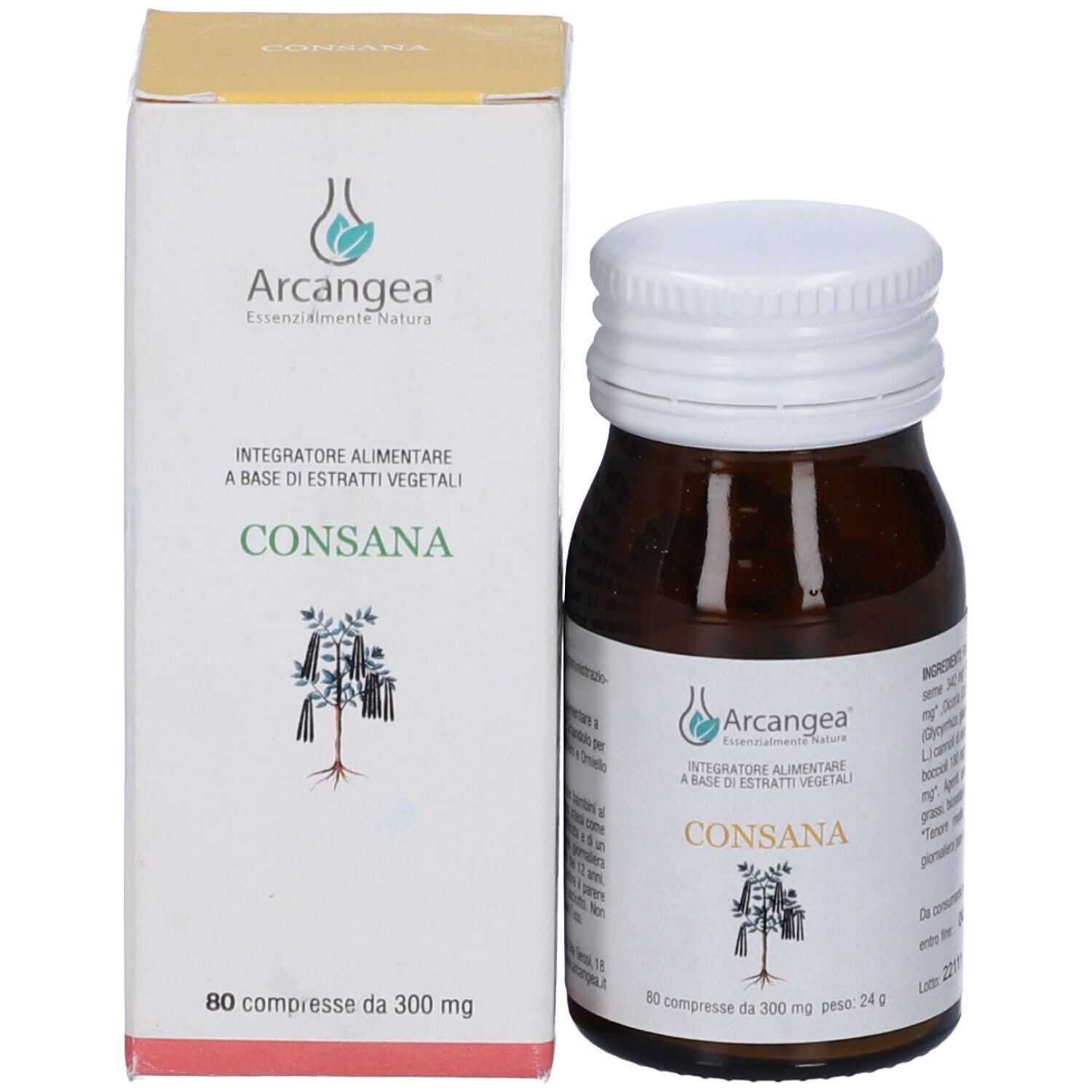 Flacone di vetro marrone con tappo bianco e confezione. Scritta: Consana. 80 compresse.