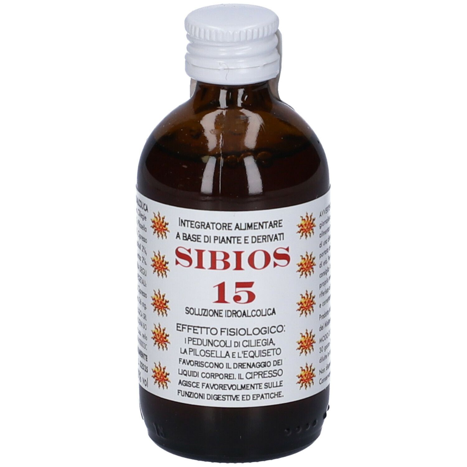 Flacone di vetro marrone con tappo bianco. Scritta: Sibios 15. Etichetta con informazioni.