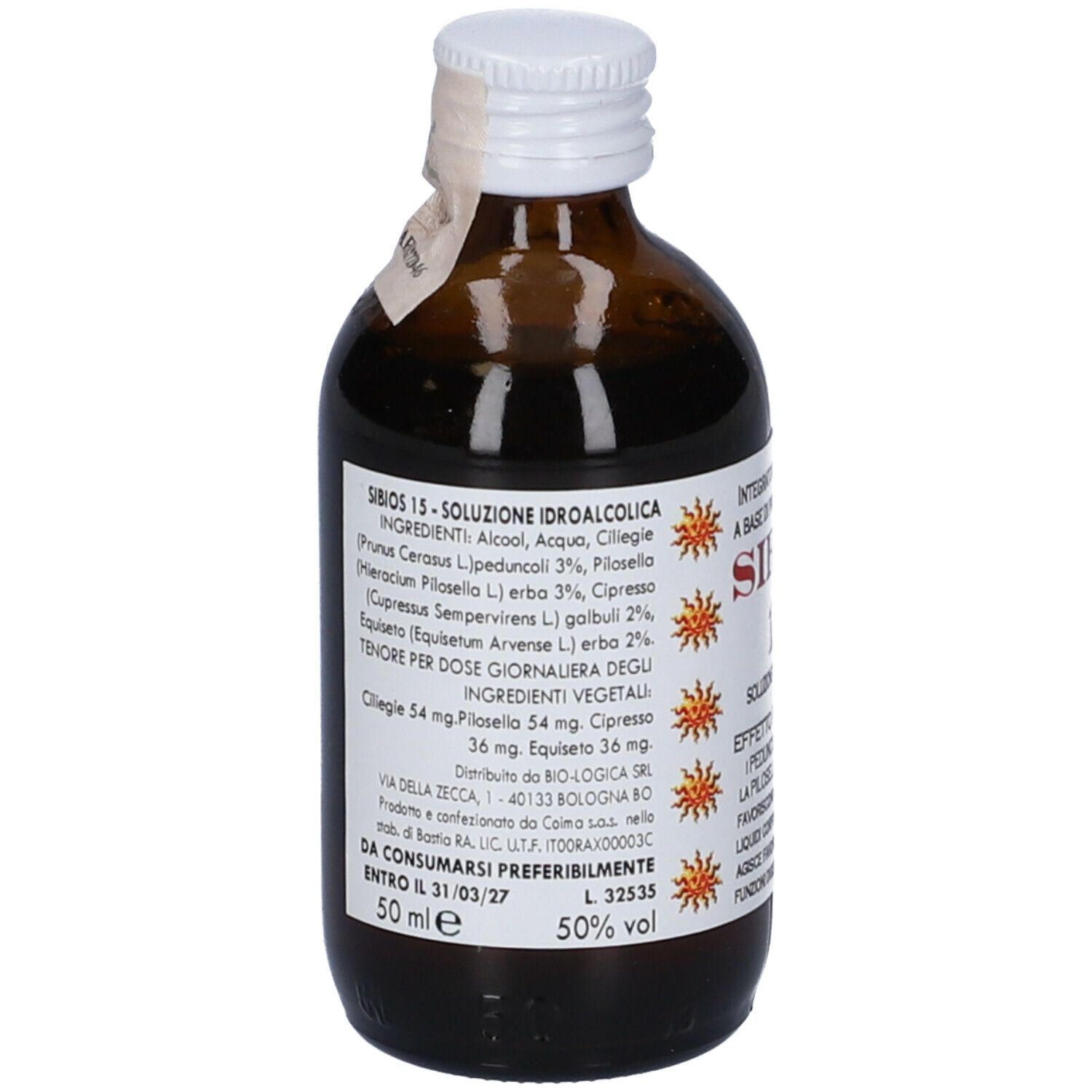 Flacone di vetro marrone con tappo bianco. Etichetta con ingredienti e informazioni produttore.