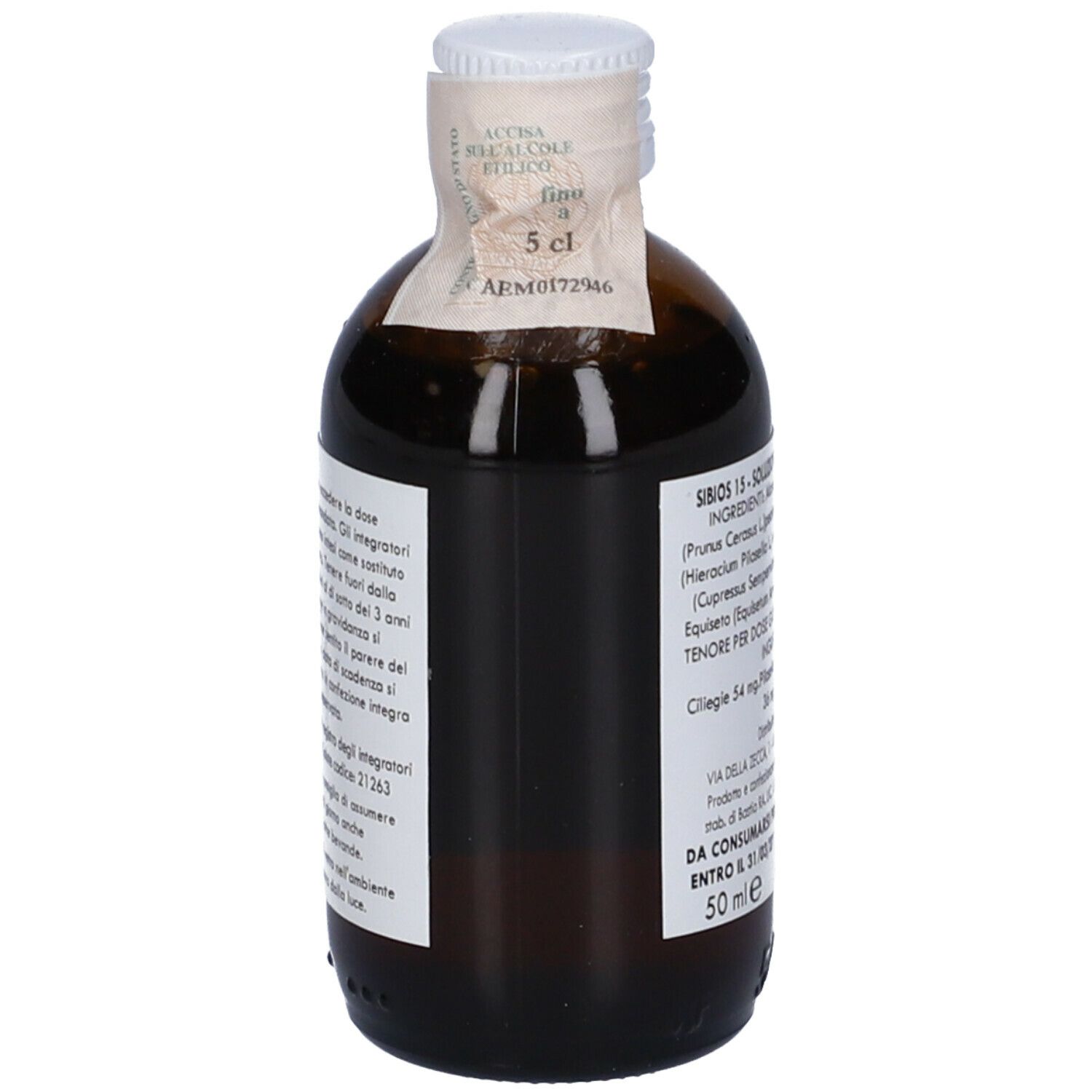 Flacone di vetro marrone con tappo bianco. Etichetta con informazioni e 50 ml.