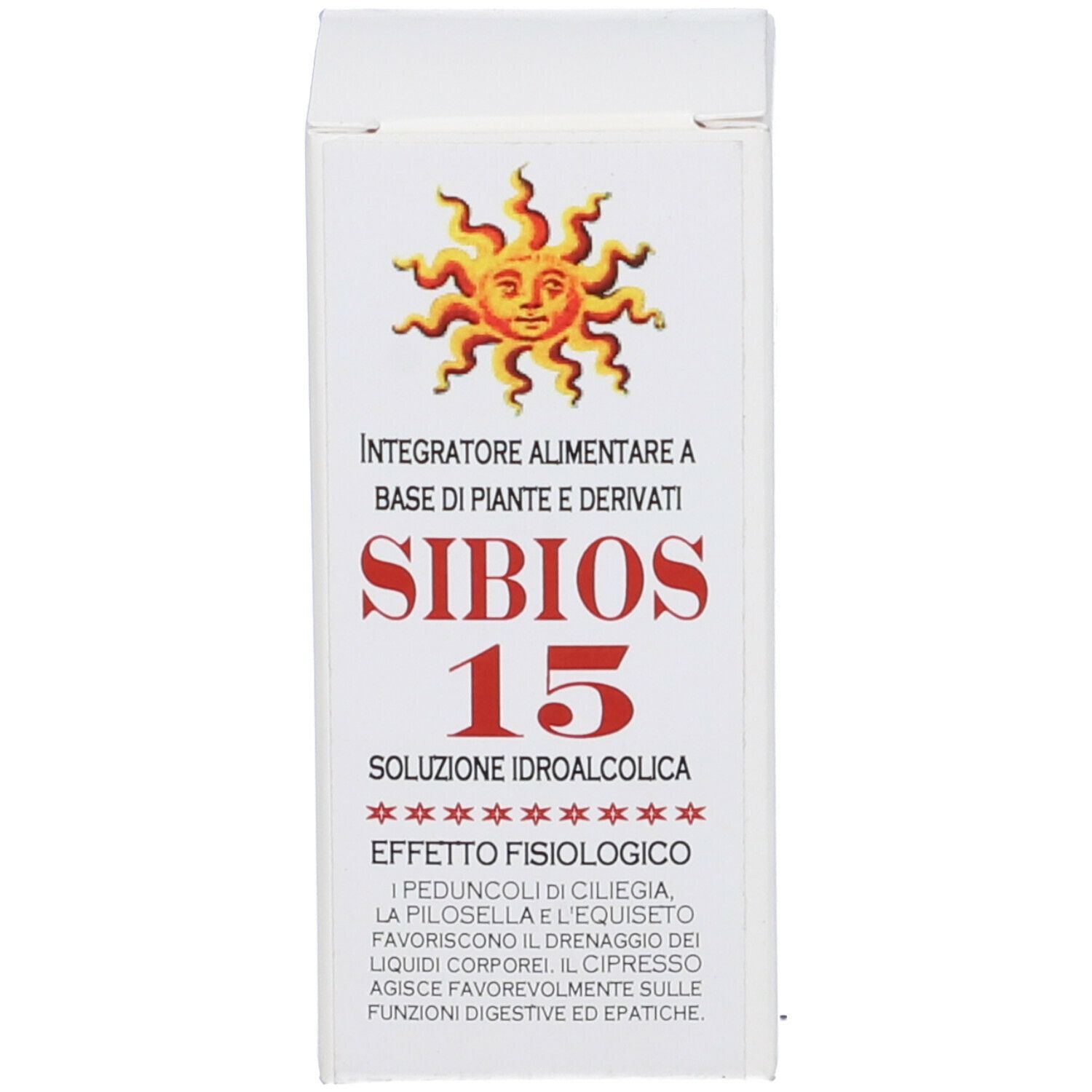 Scatola bianca con informazioni prodotto. Scritta Sibios 15 e logo sole.