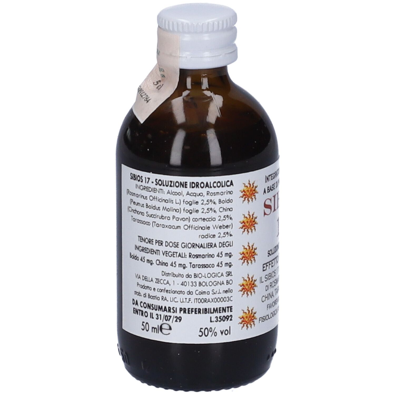 Flacone di vetro marrone con tappo bianco. Etichetta con testo: Sibios 17, 50 ml, 50% vol. Lista ingredienti.