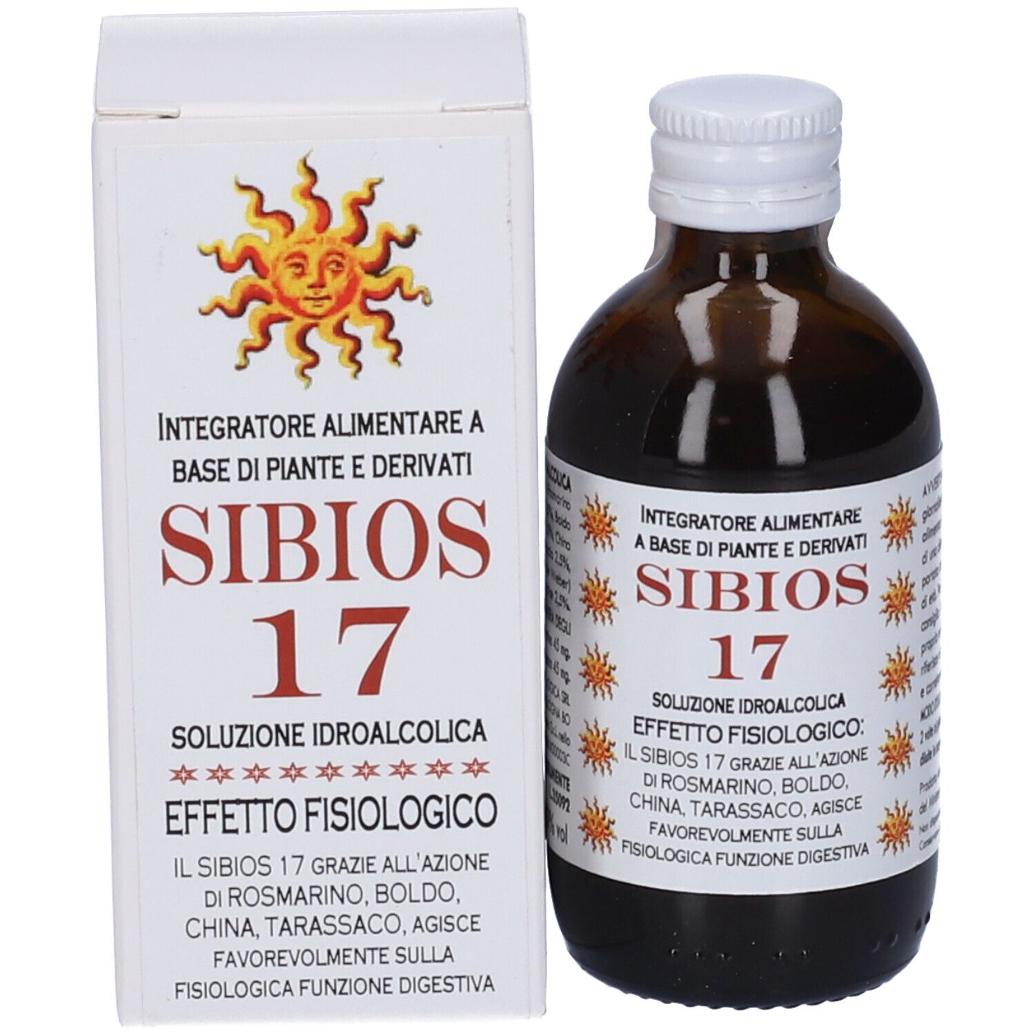 Flacone di vetro marrone e scatola. Sul flacone: Sibios 17. Sulla scatola: Sibios 17, grafica sole.