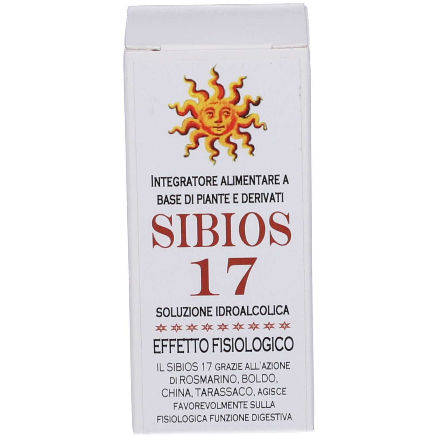 Scatola bianca con testo: Sibios 17. Grafica sole. Nome del prodotto e informazioni.