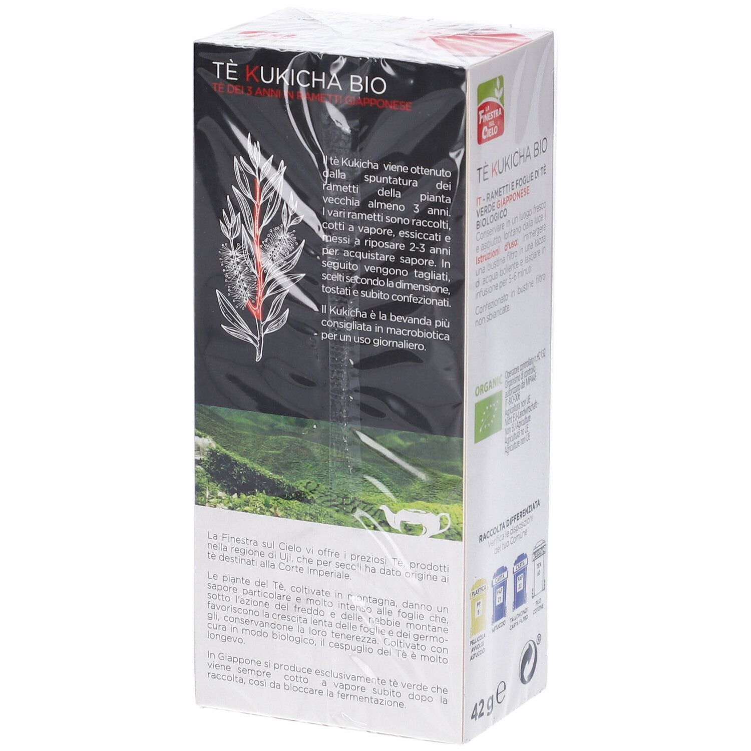 Scatola di tè Kukicha Bio. Testo, simboli di riciclaggio, marchio La Finestra sul Cielo, 42g.