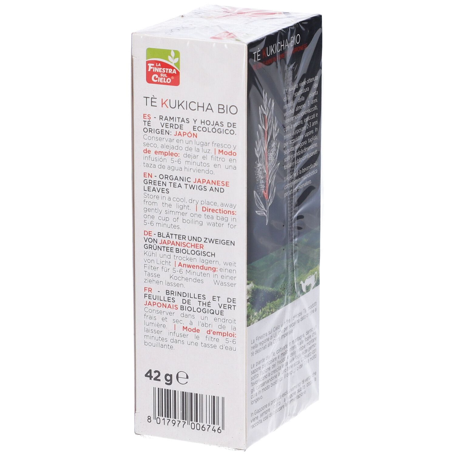 Scatola di tè Kukicha Bio. Testo, simboli di riciclaggio, marchio La Finestra sul Cielo, 42g.