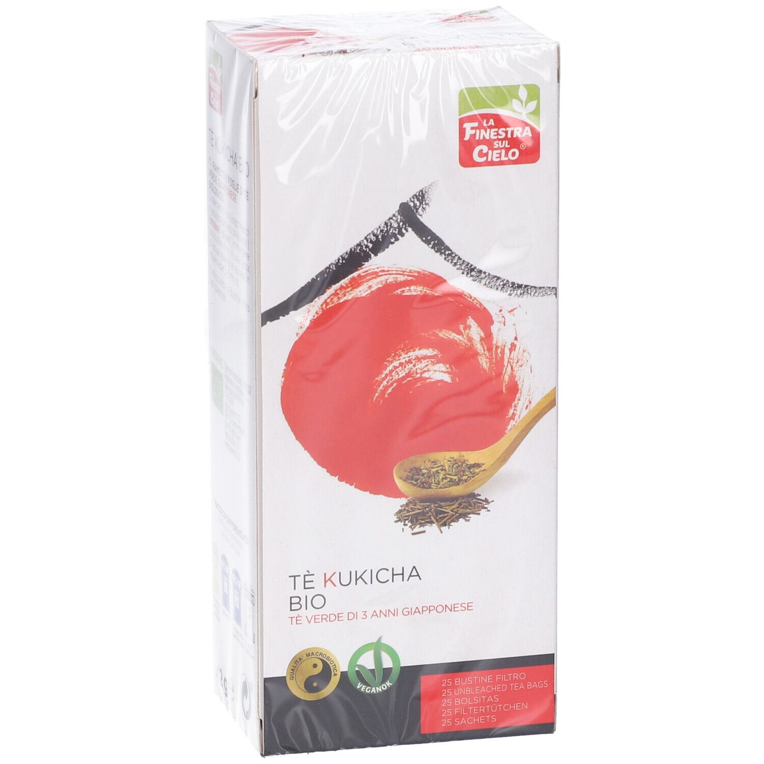 Scatola di tè Kukicha Bio. Cerchio rosso, tratti neri, cucchiaio di legno con tè. Marchio La Finestra sul Cielo.