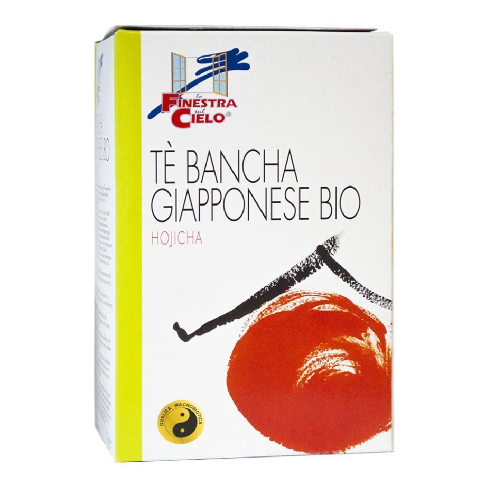 Scatola bianca con testo: Tè Bancha Giapponese Bio Hojicha. Loghi: Yin-Yang, logo La Finestra sul Cielo.