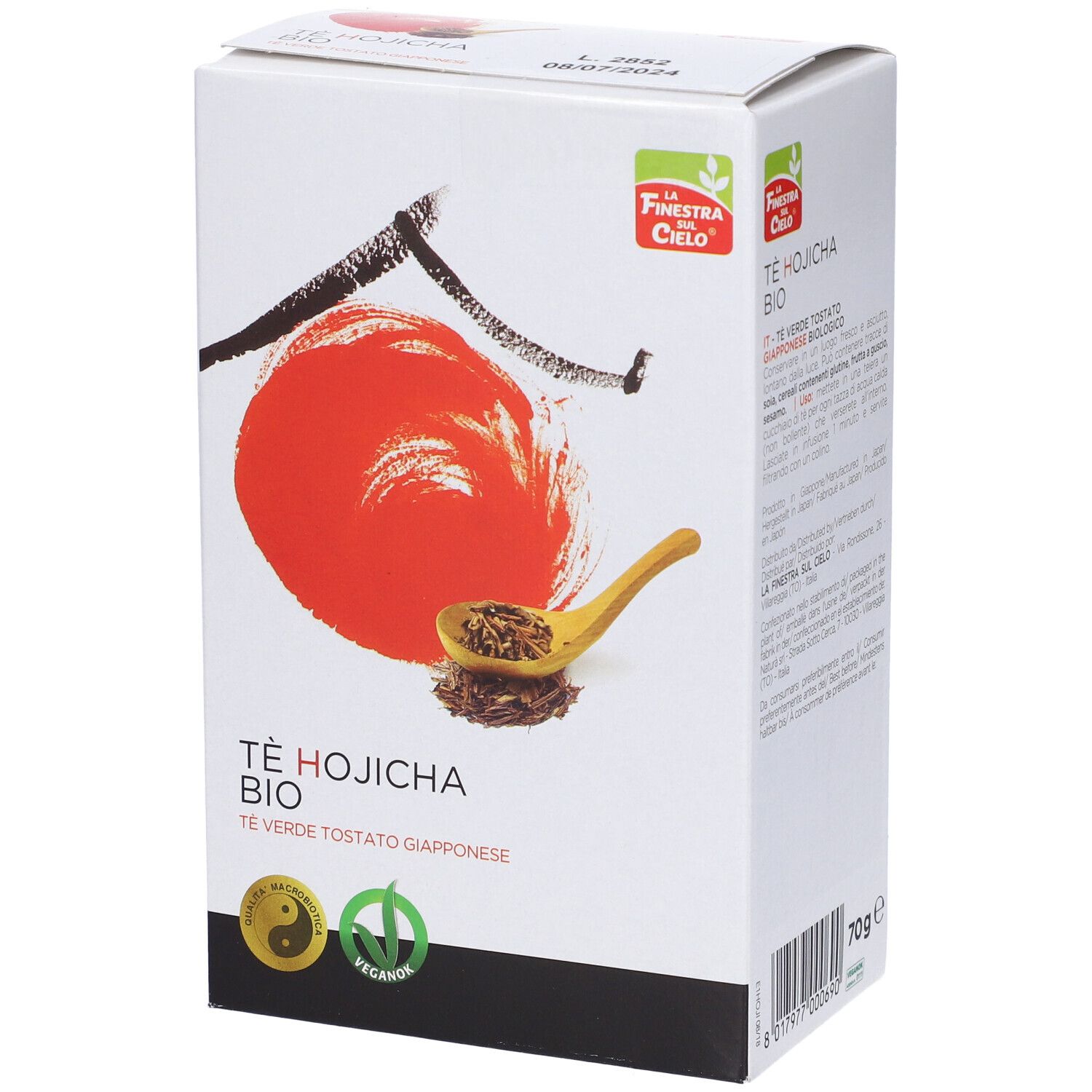 Scatola bianca con cerchio rosso, cucchiaio di tè. Testo: Tè Hojicha Bio. Loghi: Yin-Yang, Vegan. 70g.