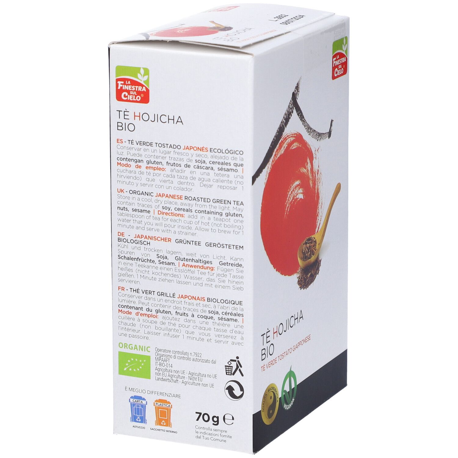 Retro di una scatola bianca. Testo: Tè Hojicha Bio. Informazioni multilingue. 70g. Loghi.