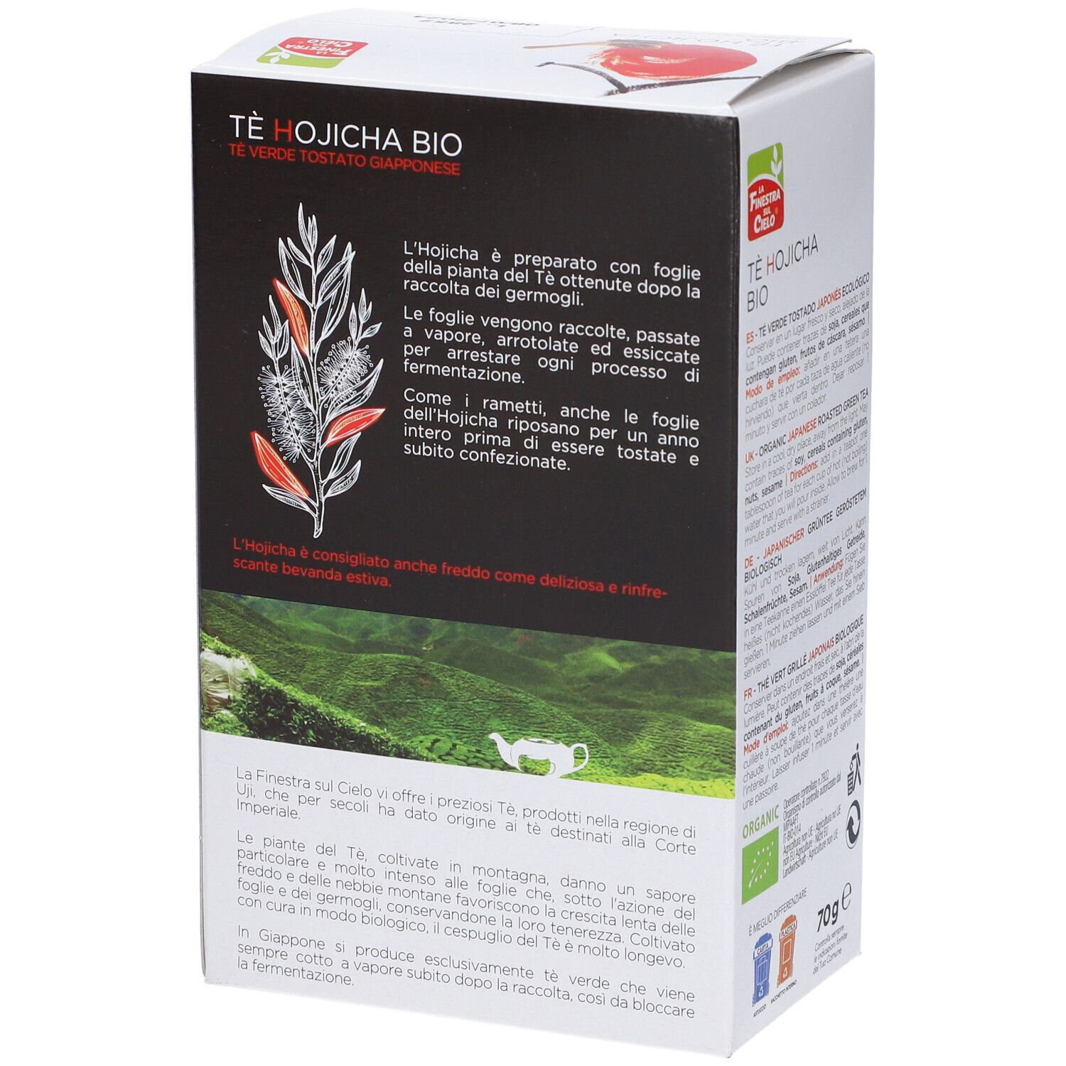 Retro di una scatola bianca. Testo: Tè Hojicha Bio. Descrizione del prodotto. 70g. Loghi.