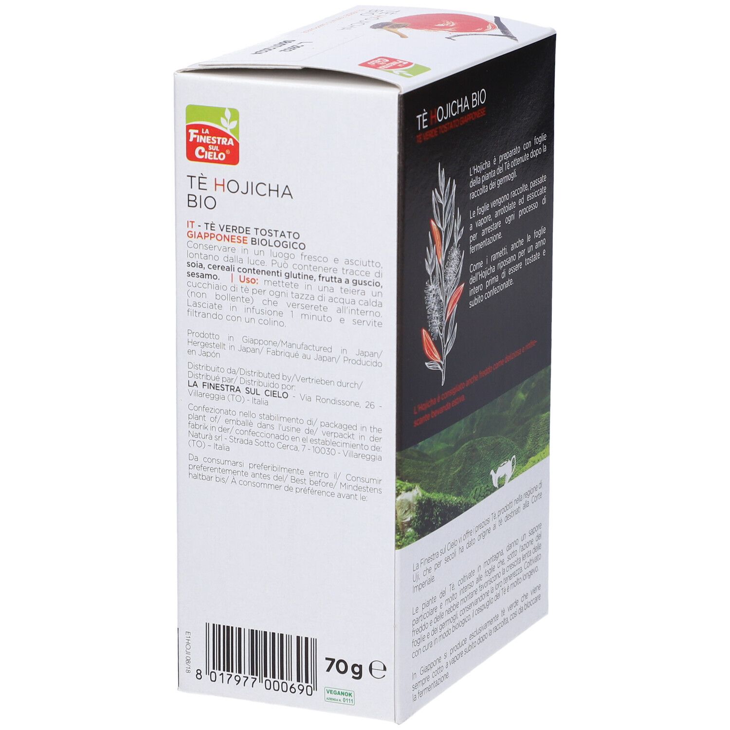 Lato di una scatola bianca. Testo: Tè Hojicha Bio. Informazioni prodotto. 70g. Logo La Finestra sul Cielo.