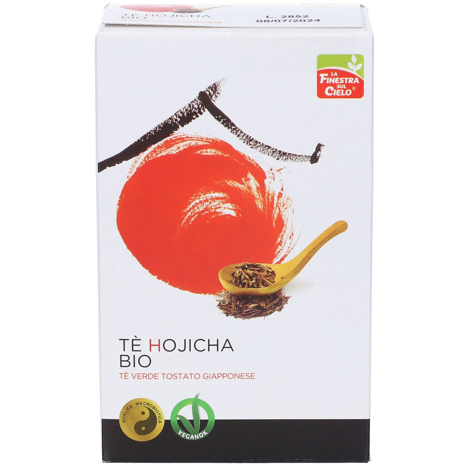 Scatola bianca con cerchio rosso, cucchiaio di tè. Testo: Tè Hojicha Bio. Loghi: Yin-Yang, Vegan. 70g.