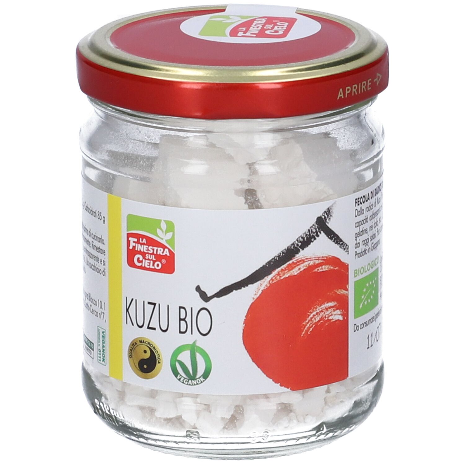 Vaso con contenuto bianco, coperchio rosso. Etichetta con scritta Kuzu Bio, logo e illustrazione rossa.