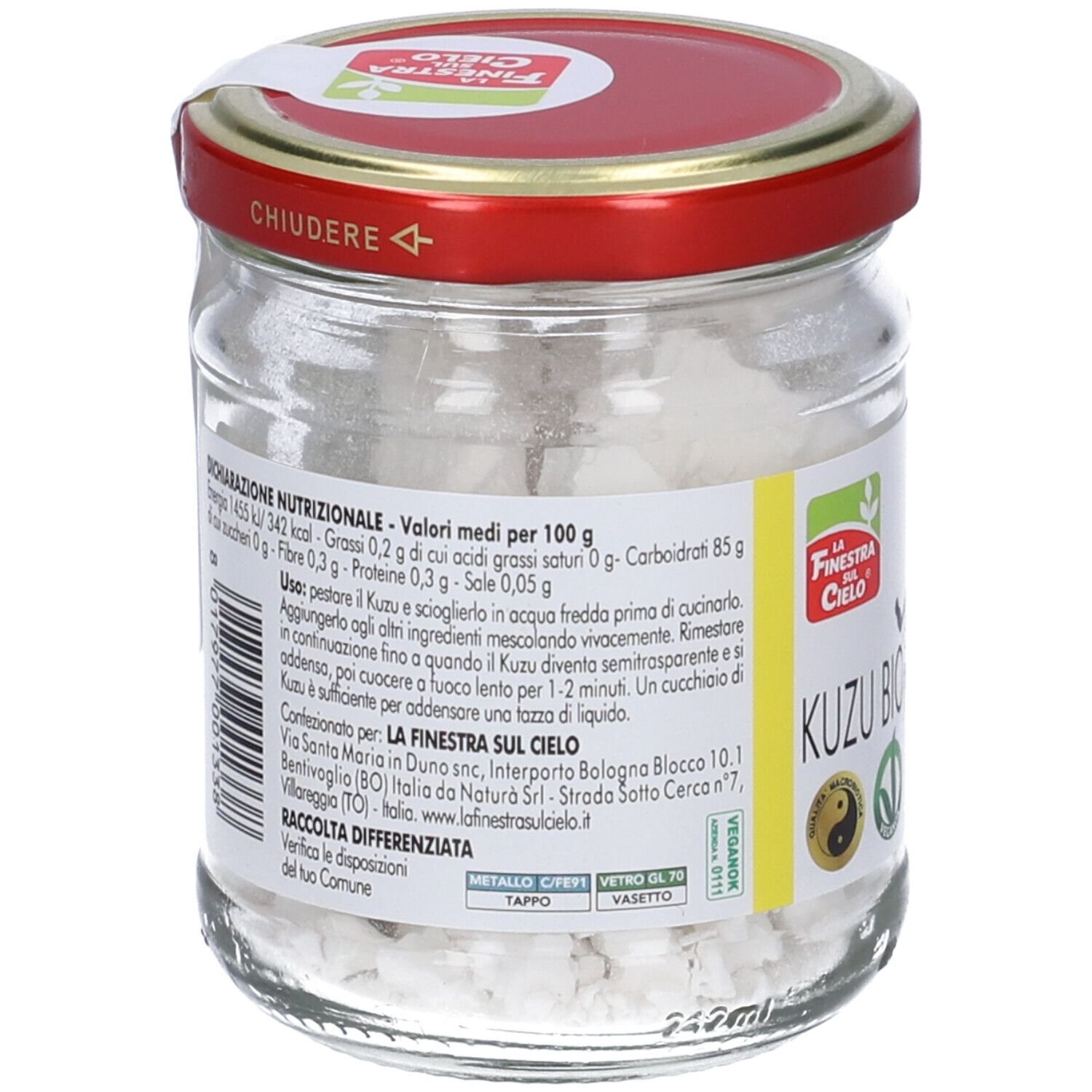 Vaso con contenuto bianco, coperchio rosso. Retro con testo e informazioni nutrizionali. Logo vegan.