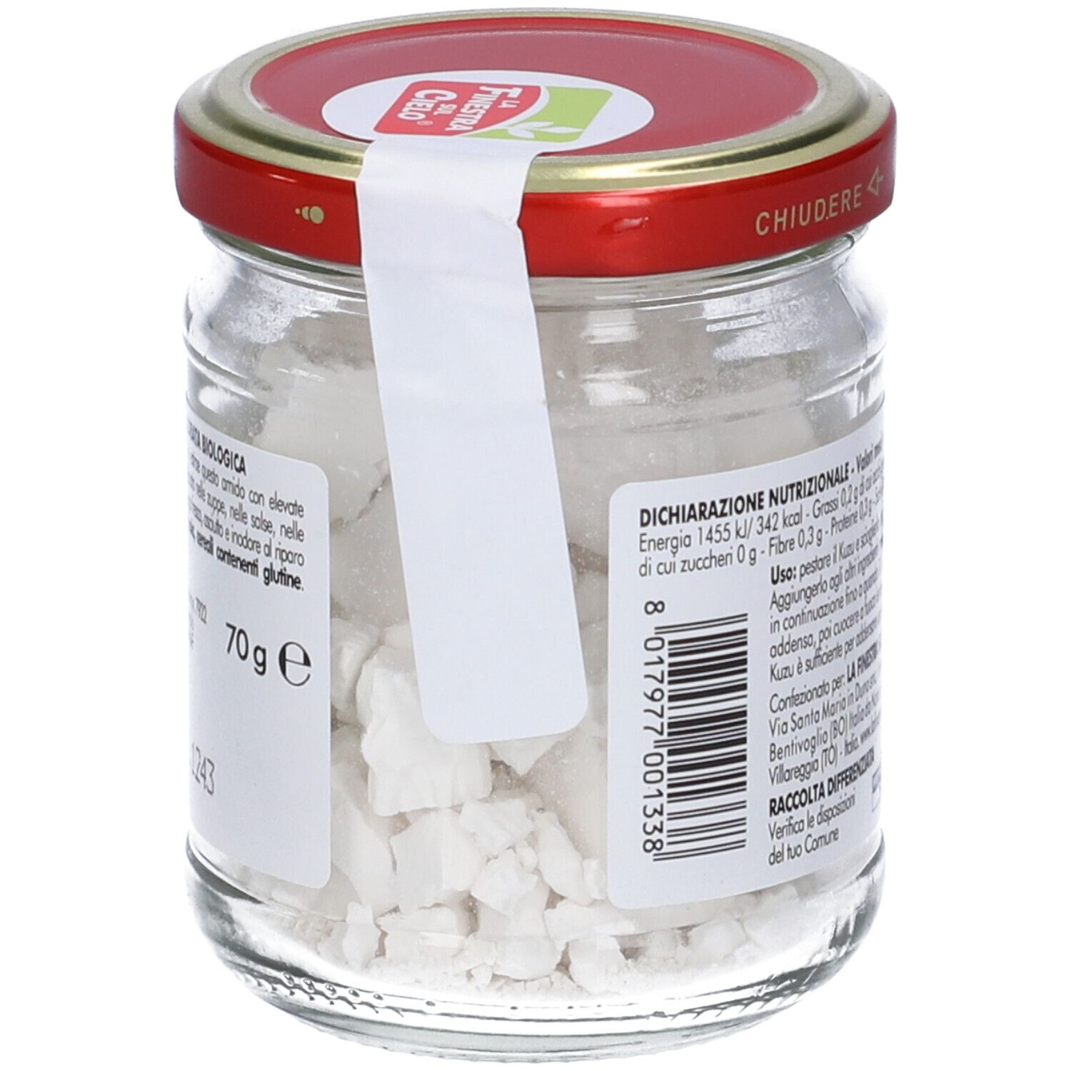Vaso con contenuto bianco, coperchio rosso. Etichetta con testo e 70g. Logo vegan.