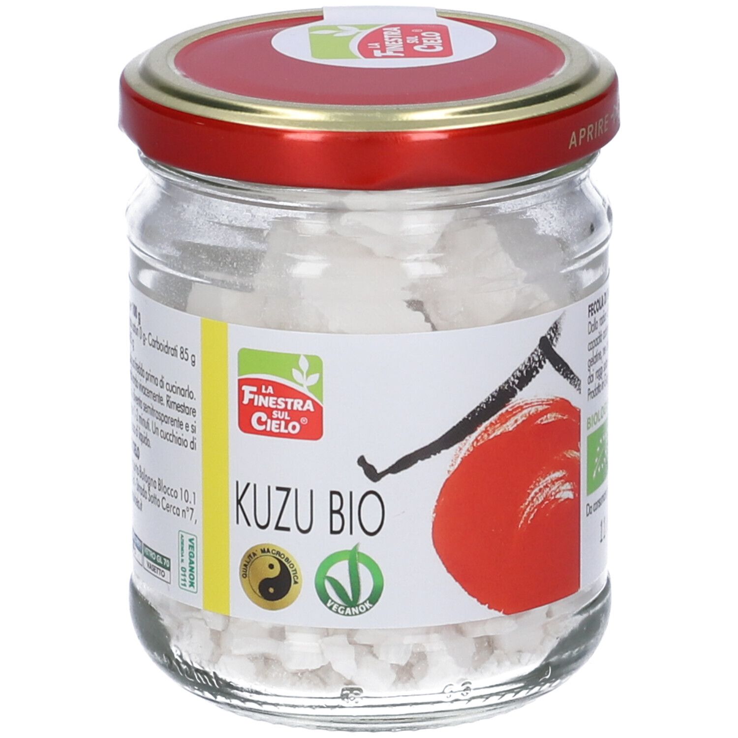 Vaso con contenuto bianco, coperchio rosso. Etichetta con scritta Kuzu Bio, logo e illustrazione rossa.