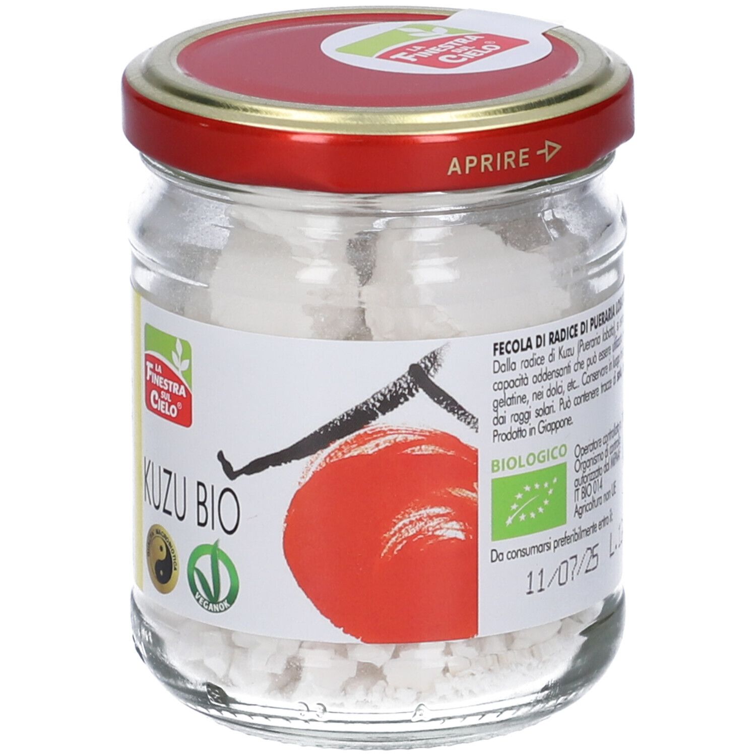 Vaso con contenuto bianco, coperchio rosso. Etichetta con scritta Kuzu Bio, logo e illustrazione rossa.
