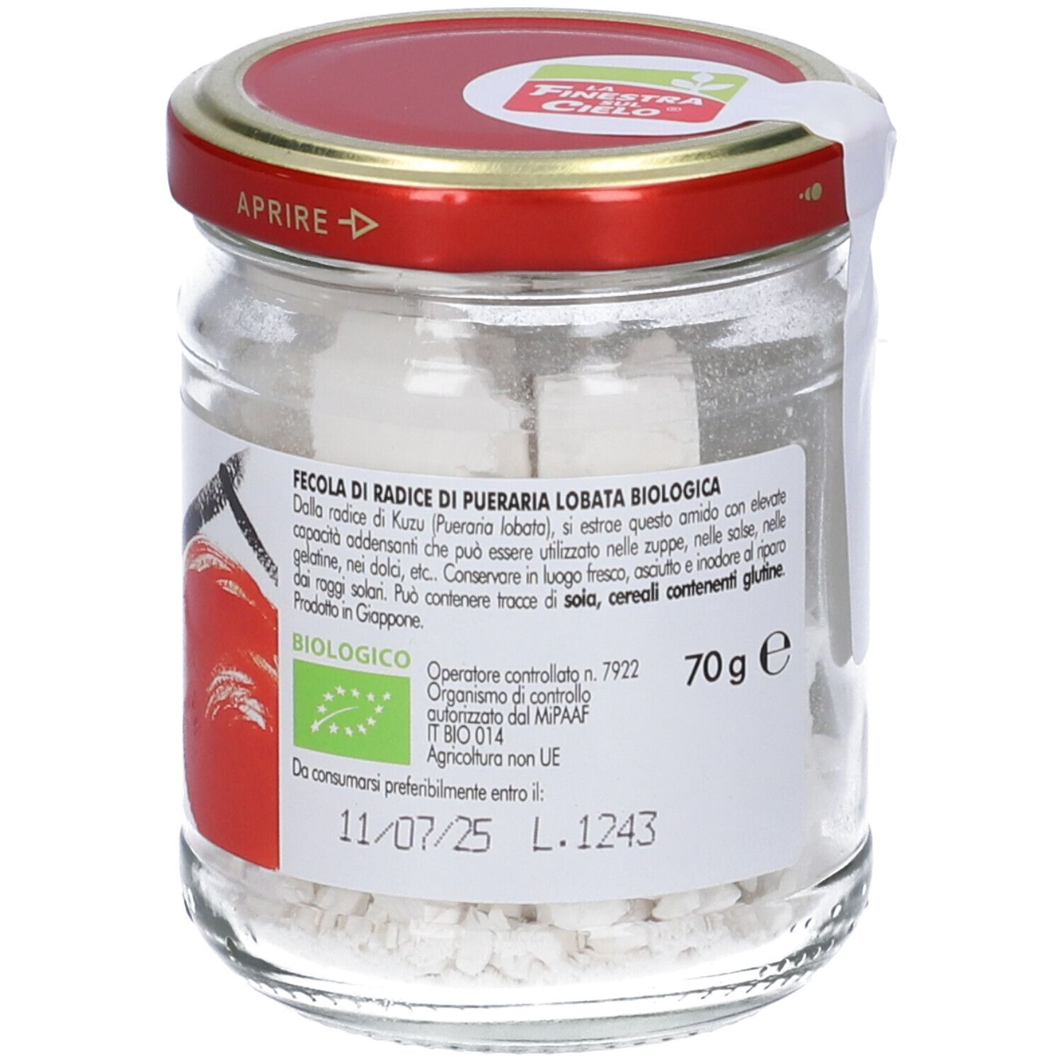 Vaso con contenuto bianco, coperchio rosso. Etichetta con testo, 70g e logo bio. Data di scadenza.