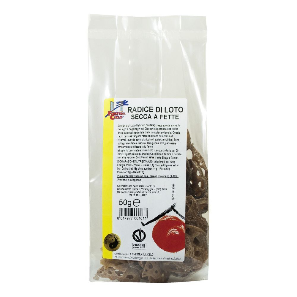 Confezione di fette di radice di loto essiccate. Scritta: Radice di Loto Secca a Fette. 50g. Certificazione biologica.