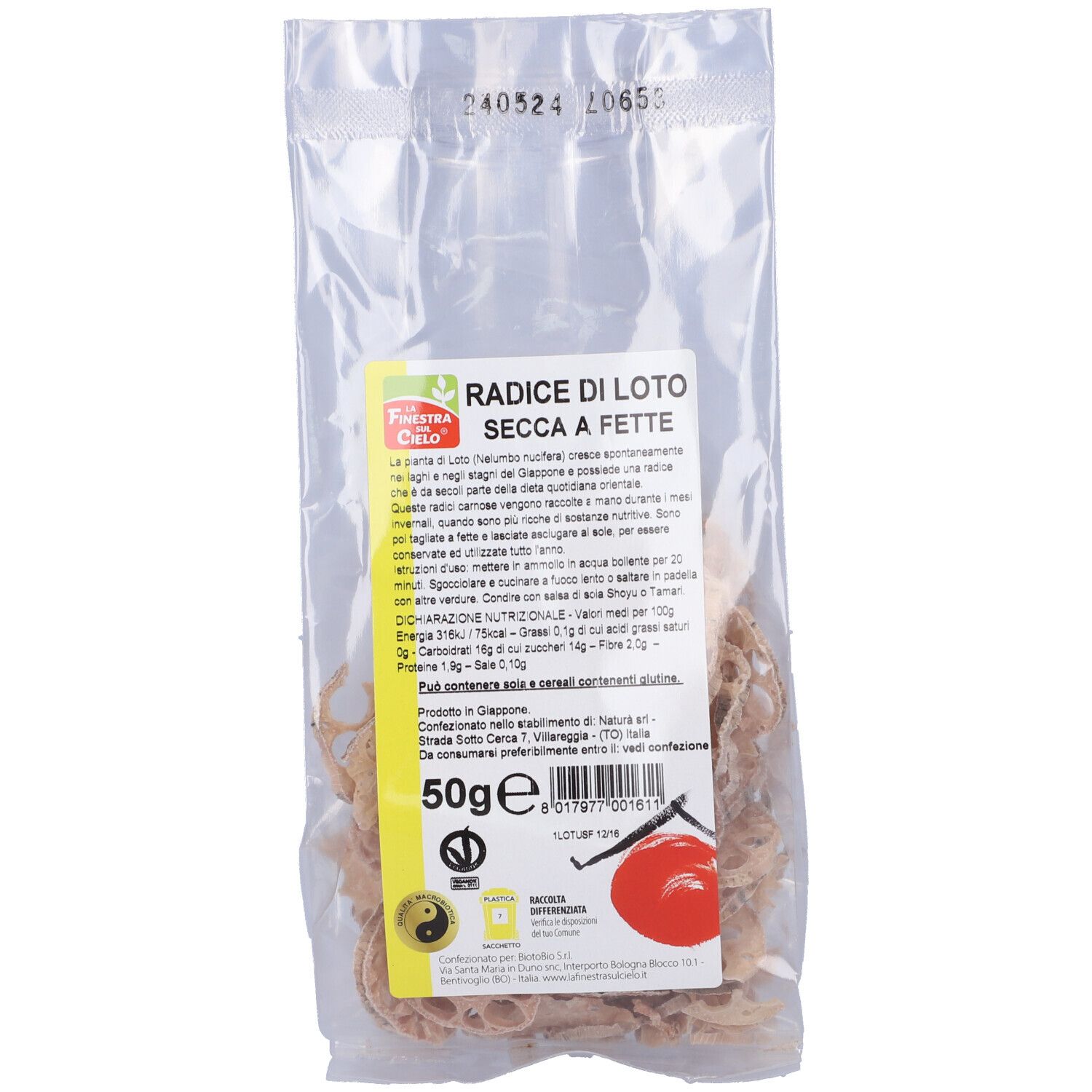 Confezione di fette di radice di loto essiccate. Scritta: Radice di Loto Secca a Fette. 50g. Certificazione biologica.