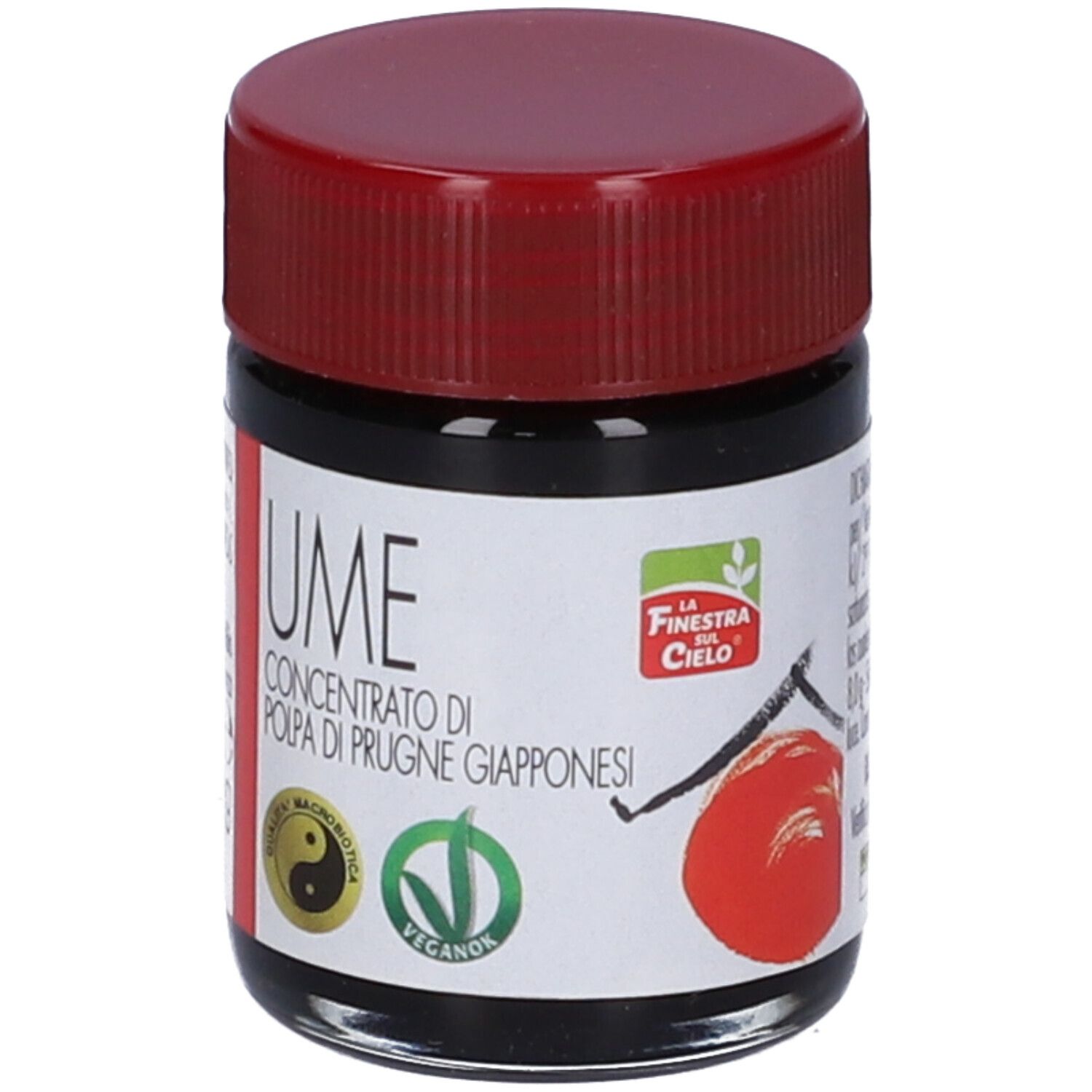 Vasetto con tappo rosso. Etichetta con testo: UME, Concentrato di Polpa di Prugne Giapponesi. Logo La Finestra sul Cielo.