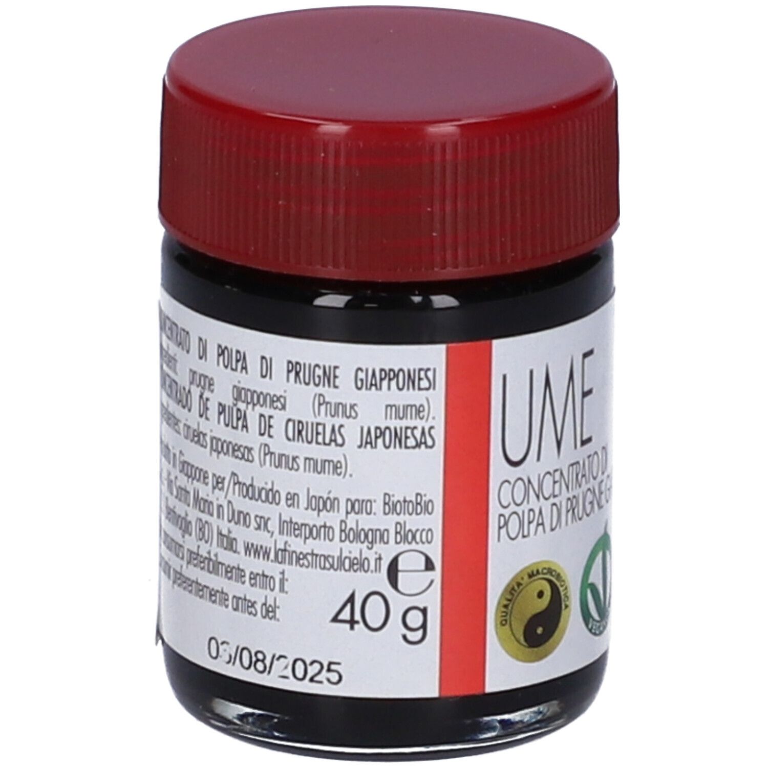 Vasetto con tappo rosso. Etichetta con testo: UME, Concentrato di Polpa di Prugne Giapponesi. Logo La Finestra sul Cielo.