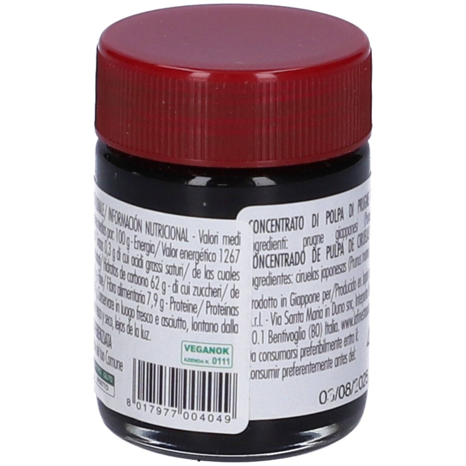 Vasetto con tappo rosso. Etichetta con testo: UME, Concentrato di Polpa di Prugne Giapponesi. 40g. Logo Veganok.
