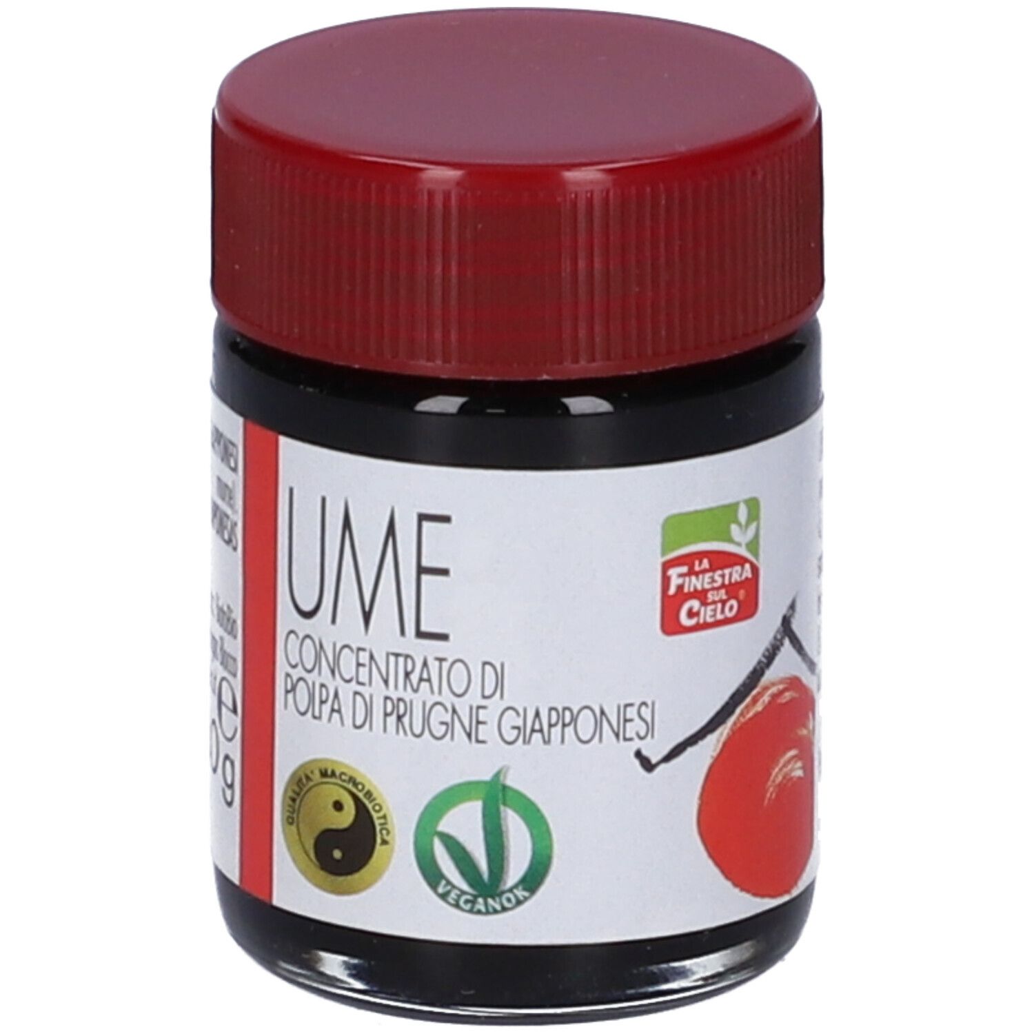 Vasetto con tappo rosso. Etichetta con testo: UME, Concentrato di Polpa di Prugne Giapponesi. Logo La Finestra sul Cielo.