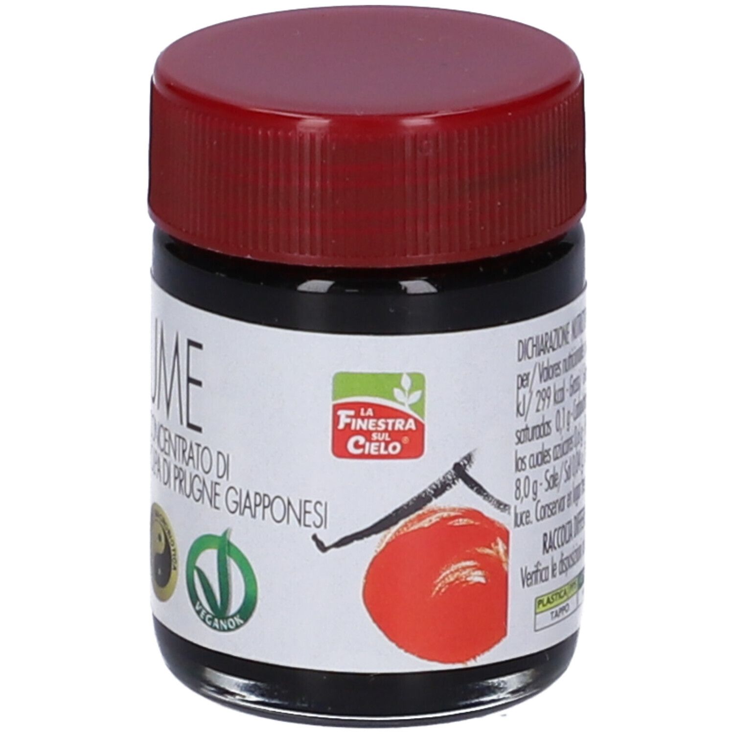 Vasetto con tappo rosso. Etichetta con testo: UME, Concentrato di Polpa di Prugne Giapponesi. Logo La Finestra sul Cielo.