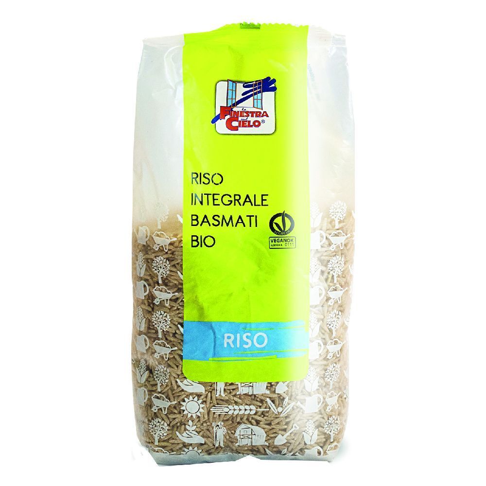 Confezione trasparente con etichetta verde. Scritta: Riso Integrale Basmati Bio. Marchio biologico.