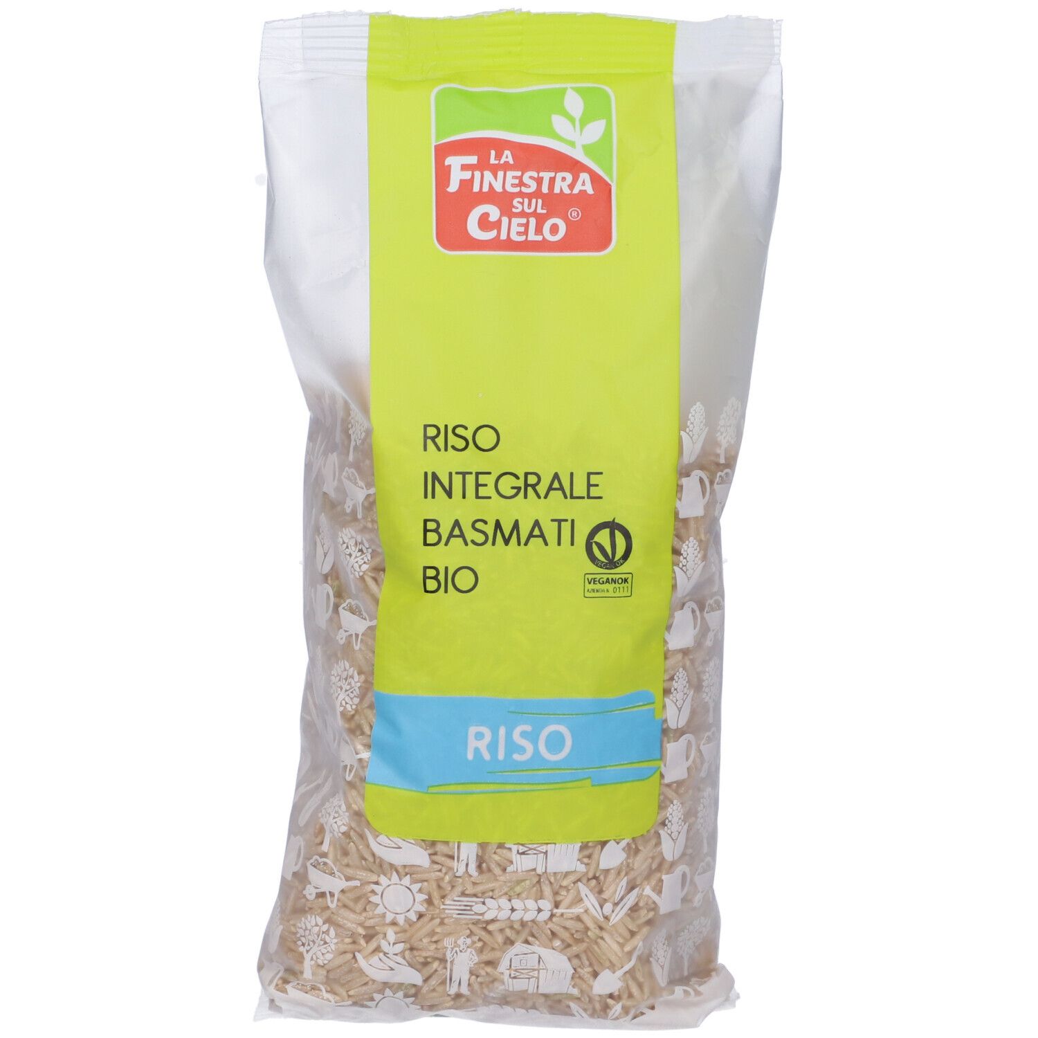 Confezione trasparente con etichetta verde. Scritta: Riso Integrale Basmati Bio. Marchio biologico.