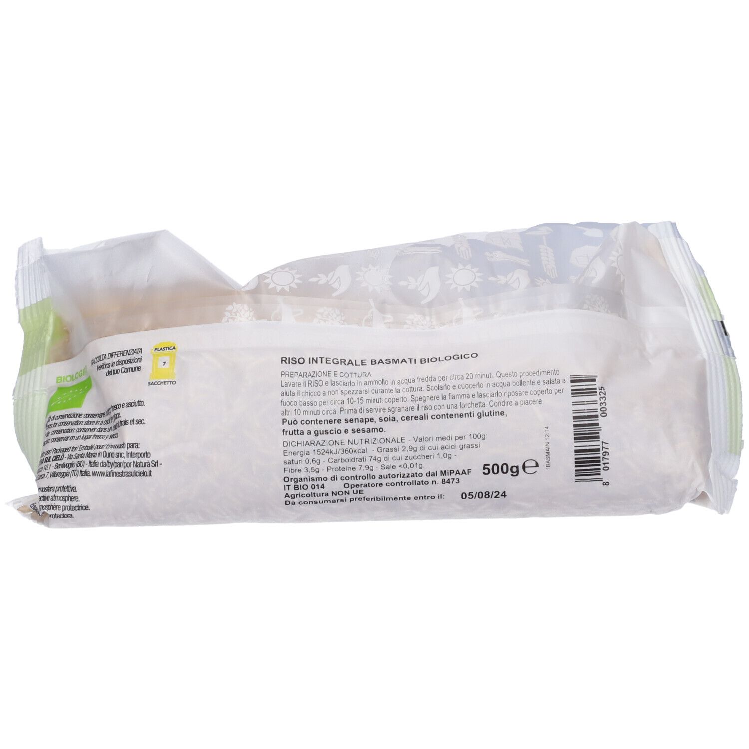 Retro della confezione. Testo: Riso Integrale Basmati Bio. Informazioni nutrizionali. Scadenza.