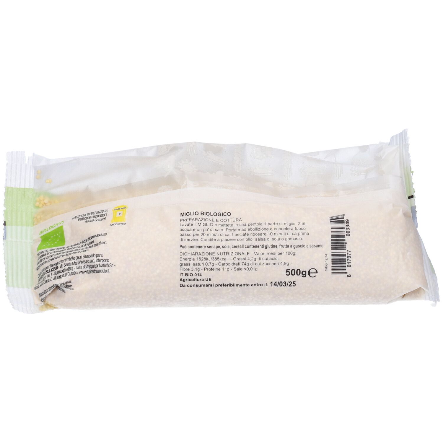 Retro confezione cereali. Testo: Miglio Biologico, informazioni nutrizionali, 500g. Sigillo bio.