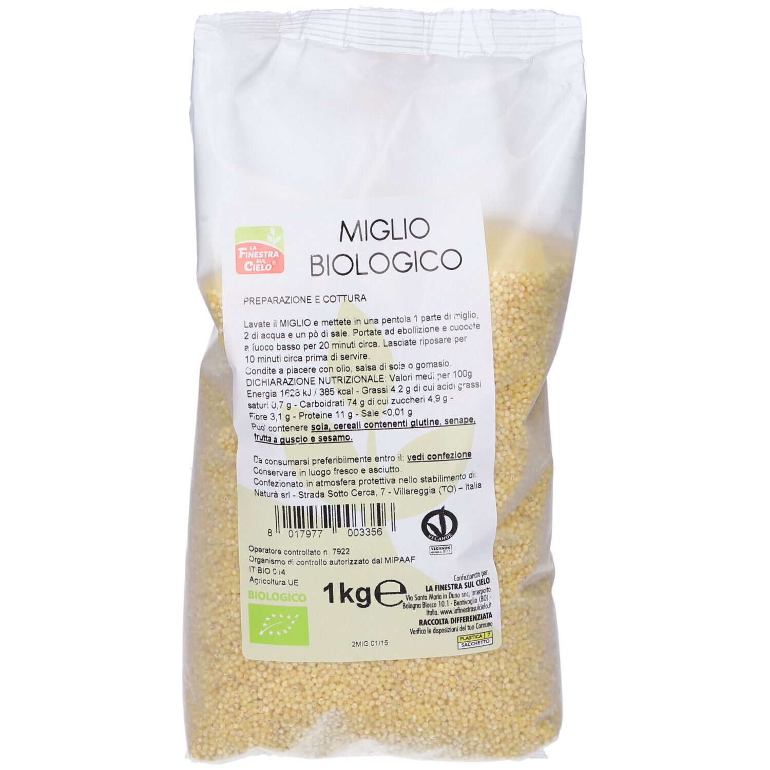 Confezione di cereali. Scritta: Miglio Biologico, 1 kg. Sigillo biologico. Imballaggio trasparente.