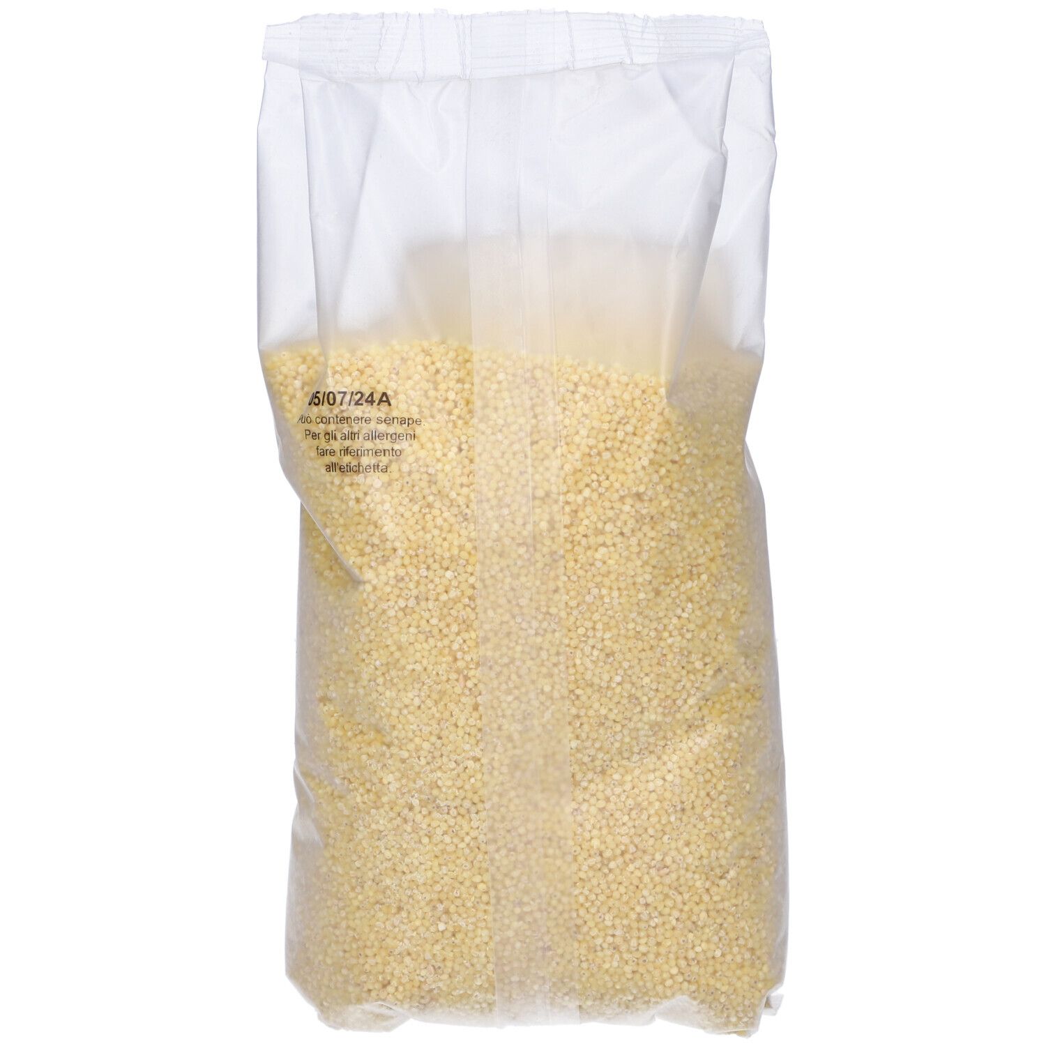 Sacchetto trasparente con cereali. Scritta: 1 kg. Contenuto: cereali gialli.