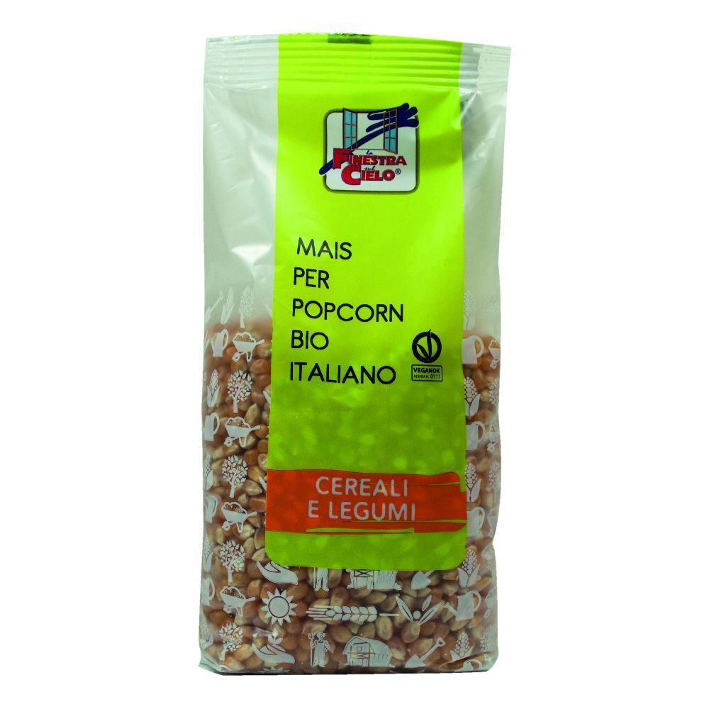 Confezione trasparente di Mais Per Popcorn Bio. Etichetta verde e bianca con logo e testo. Certificazione bio.