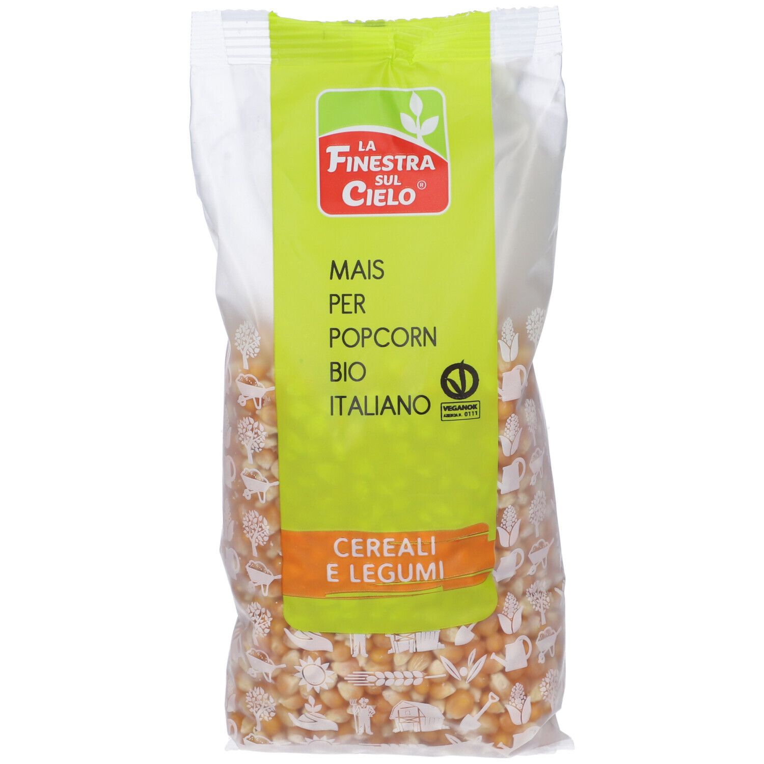 Confezione trasparente di Mais Per Popcorn Bio. Etichetta verde e bianca con logo e testo. Certificazione bio.