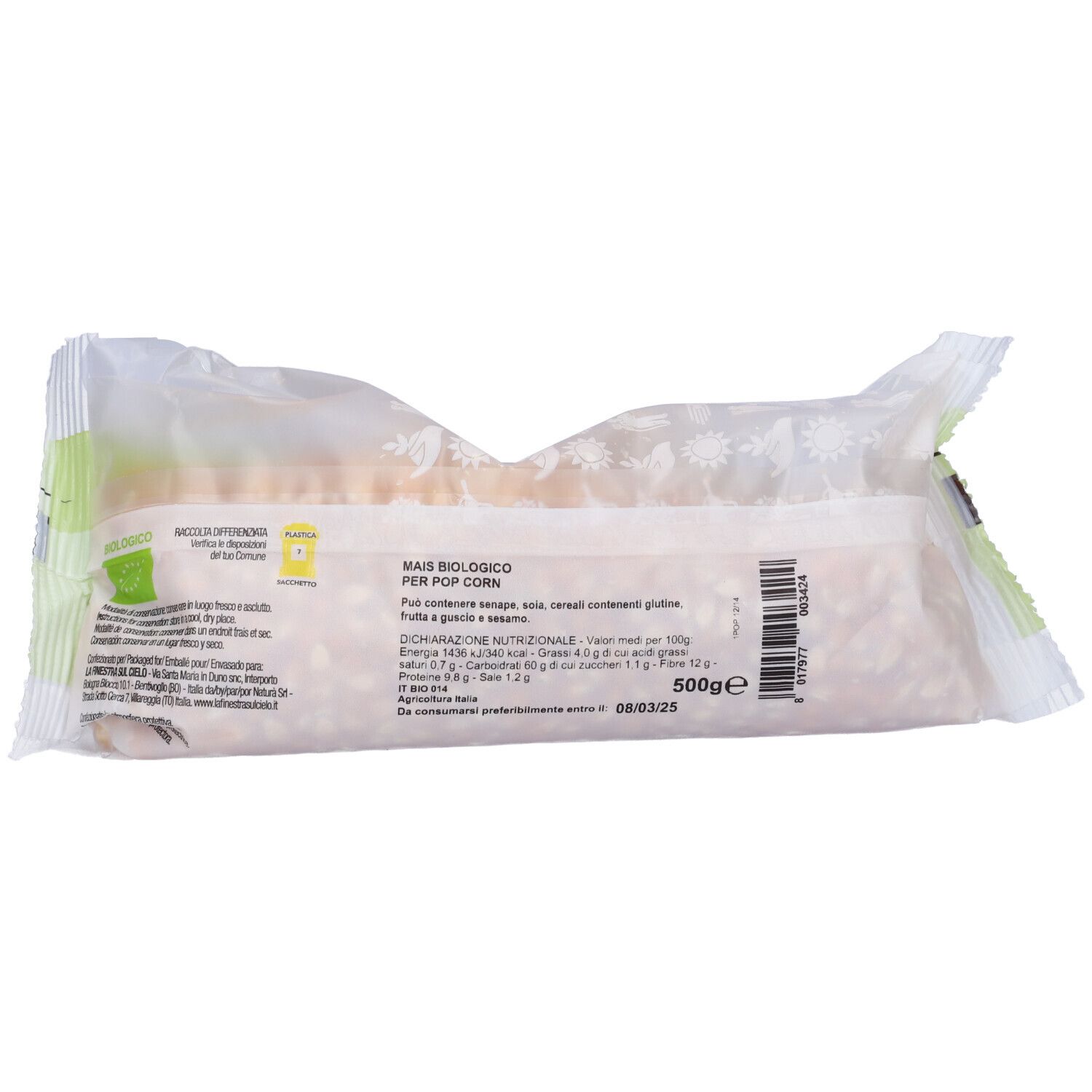 Retro della confezione di Mais Per Popcorn Bio. Testo e informazioni nutrizionali. Certificazione bio. 500g.
