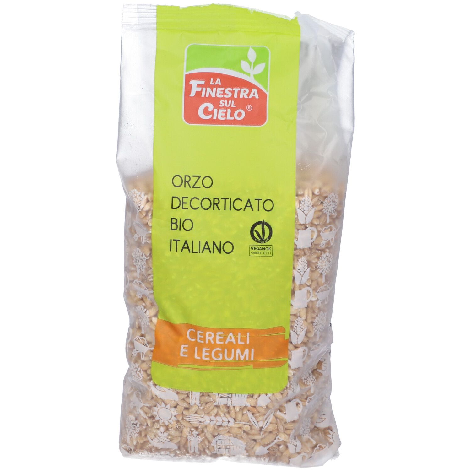 Confezione di Orzo Decorticato Bio. Etichetta verde e bianca con logo, testo e sigillo bio italiano. Cereali e legumi.