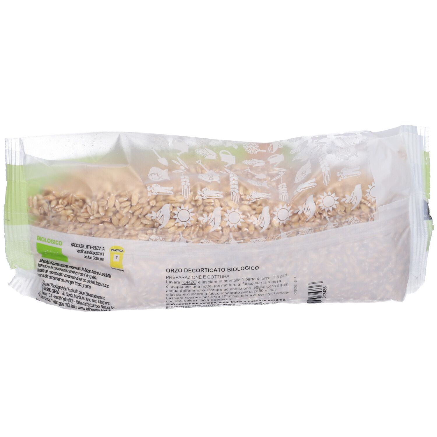 Retro della confezione di Orzo Decorticato Bio. Testo, sigillo bio e codice a barre. Contenuto: cereali.