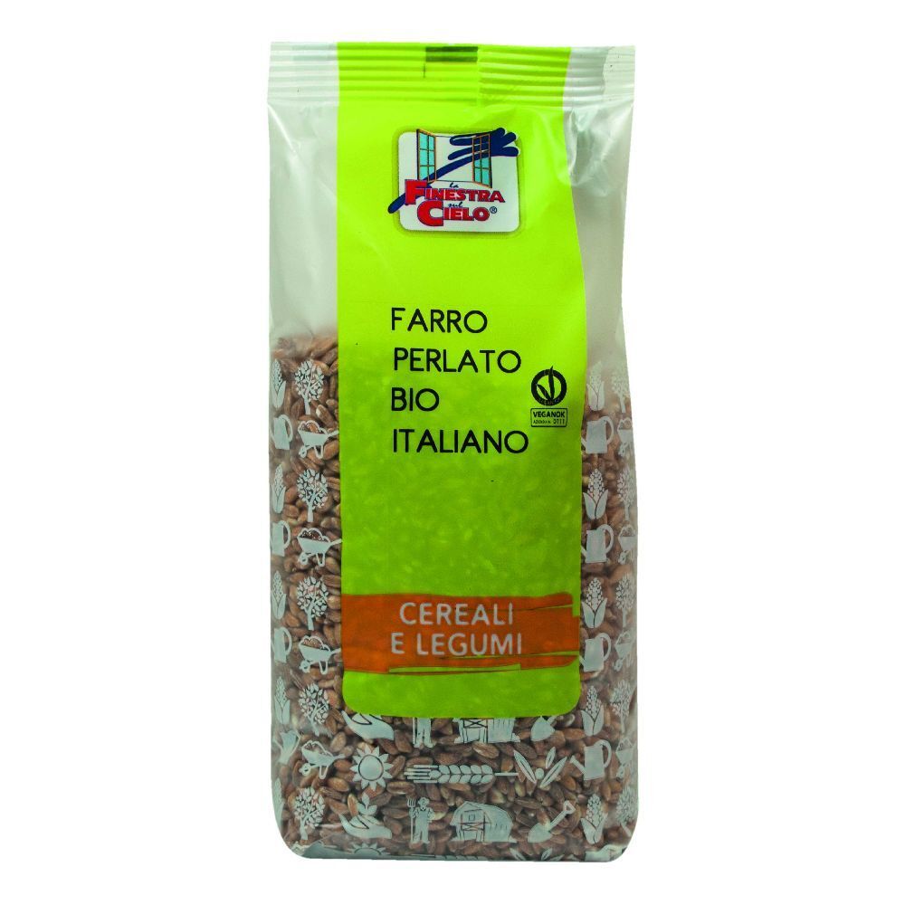 Confezione di Farro Perlato Bio Italiano. Etichetta verde con logo e testo. Contiene cereali e legumi. Certificazione biologica.