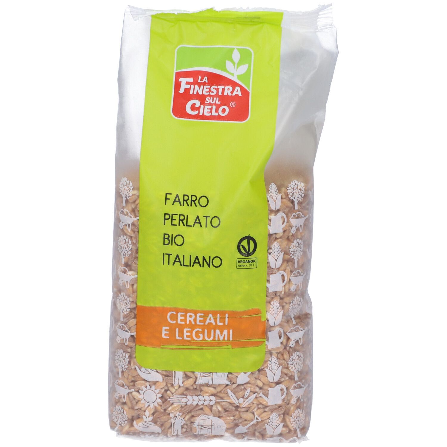 Confezione di Farro Perlato Bio Italiano. Etichetta verde con logo e testo. Contiene cereali e legumi. Certificazione vegana.