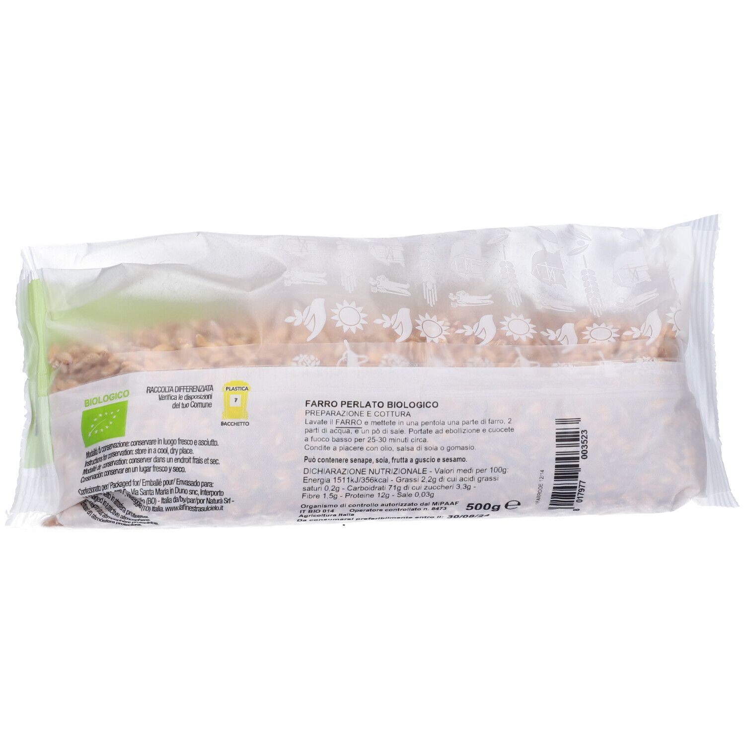 Retro della confezione di Farro Perlato Biologico. Testo e informazioni nutrizionali. Certificazione biologica. Contenuto: 500g.