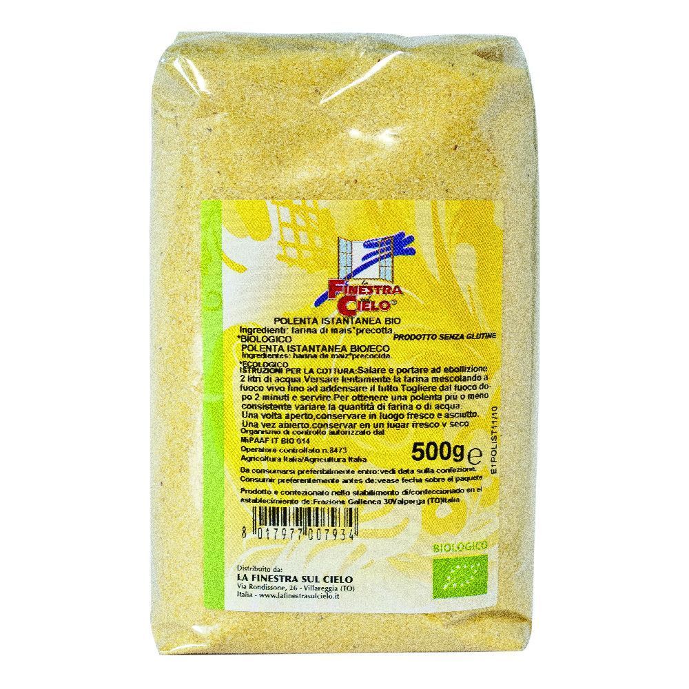 Confezione di farina di mais gialla. Scritte: marchio, nome prodotto, sigillo bio, 500g, senza glutine.
