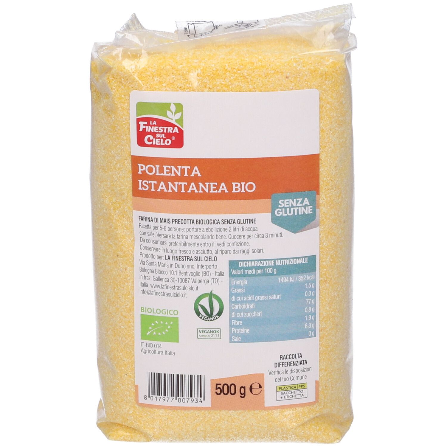 Confezione di farina di mais gialla. Scritte: marchio, nome prodotto, sigillo bio, 500g, senza glutine.