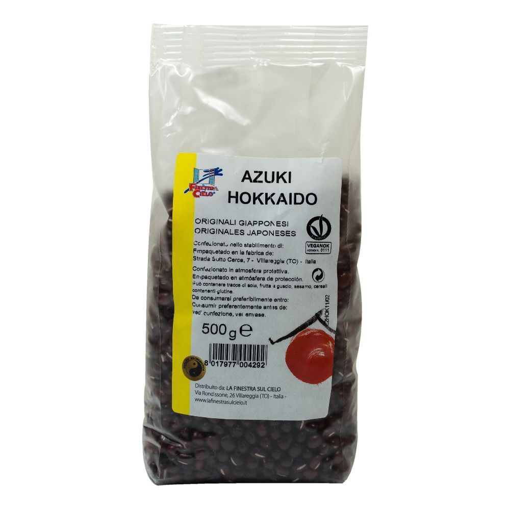 Sacchetto trasparente di fagioli Azuki Hokkaido. Etichetta gialla con nome prodotto, caratteri giapponesi e 500g. Sigillo.