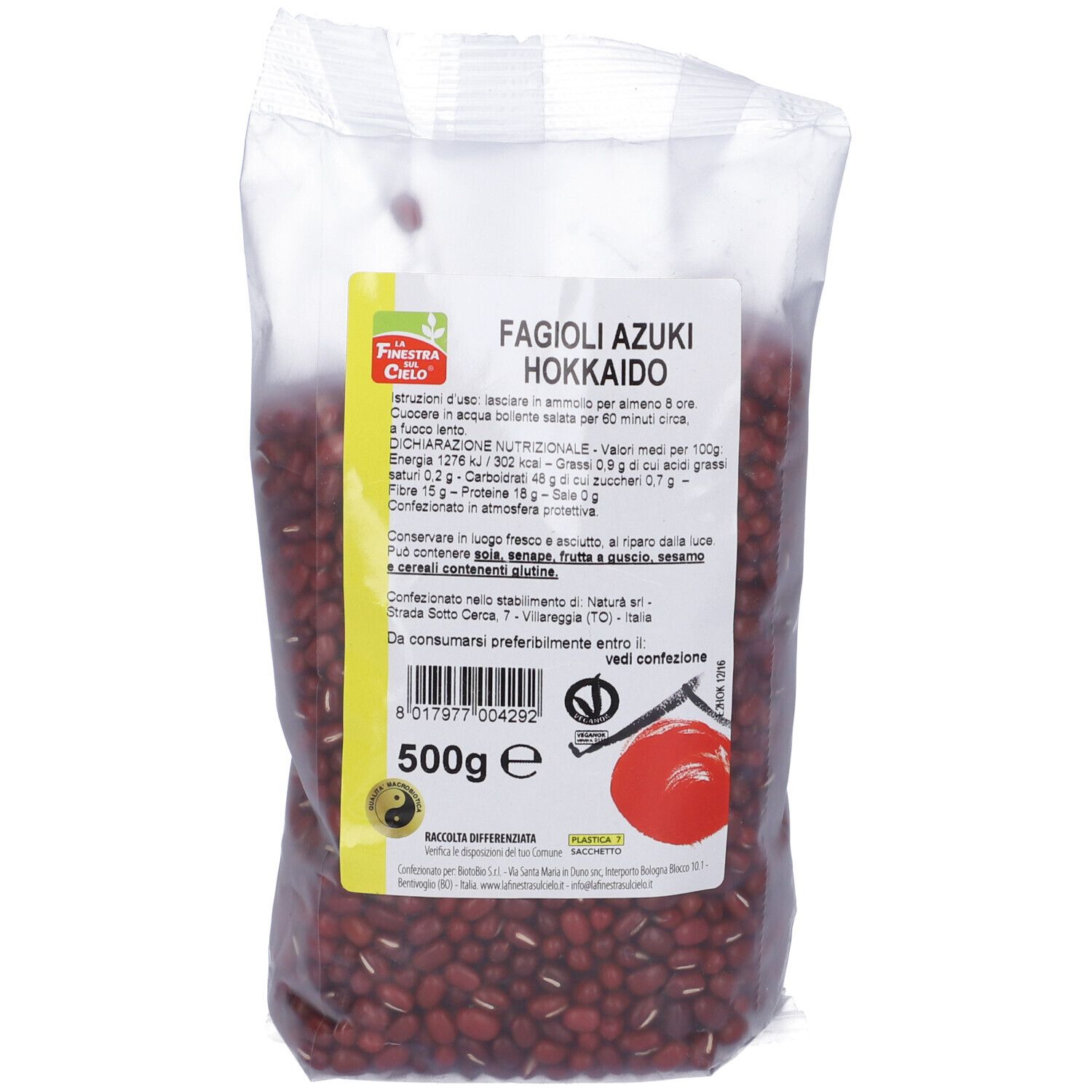 Sacchetto trasparente di fagioli Azuki Hokkaido. Etichetta gialla con nome prodotto, informazioni nutrizionali e 500g. Sigillo.