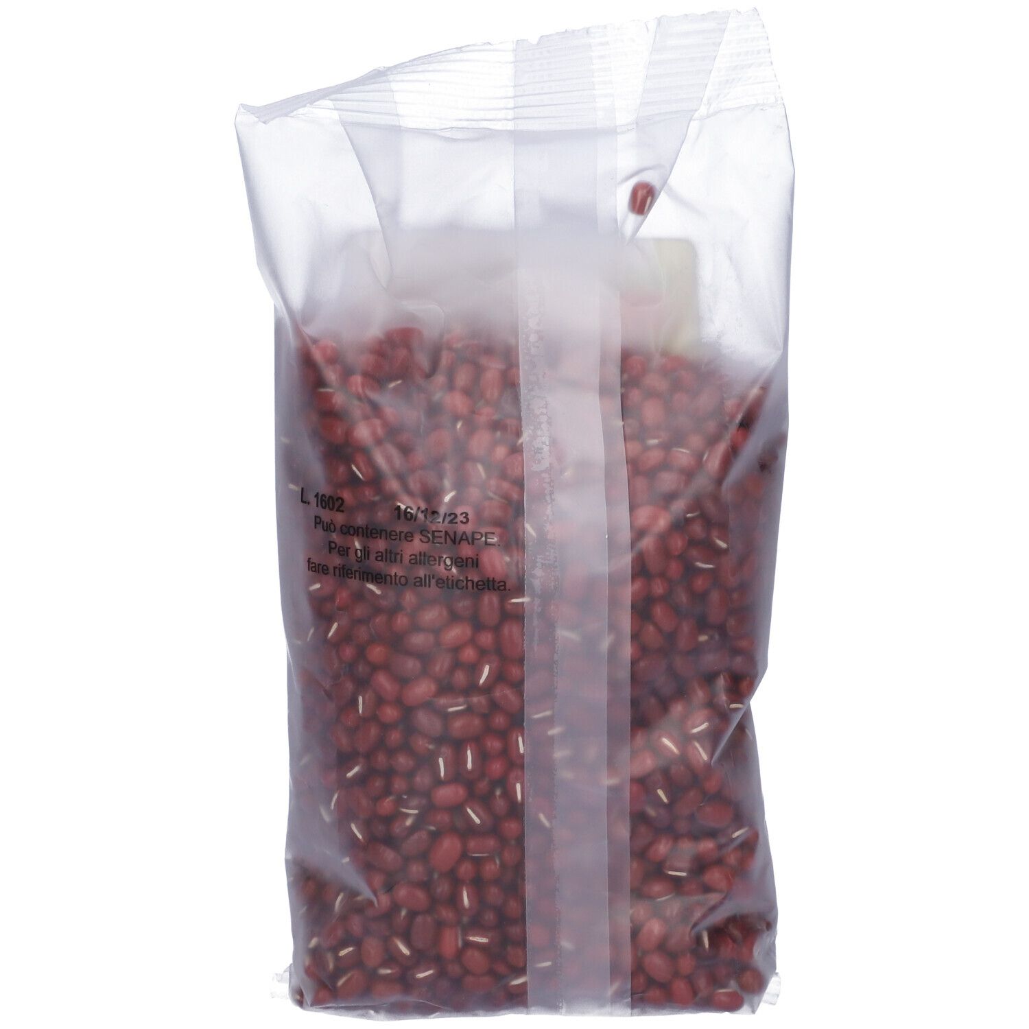 Sacchetto trasparente di fagioli Azuki Hokkaido. Retro con testo e data di scadenza. Fagioli visibili.
