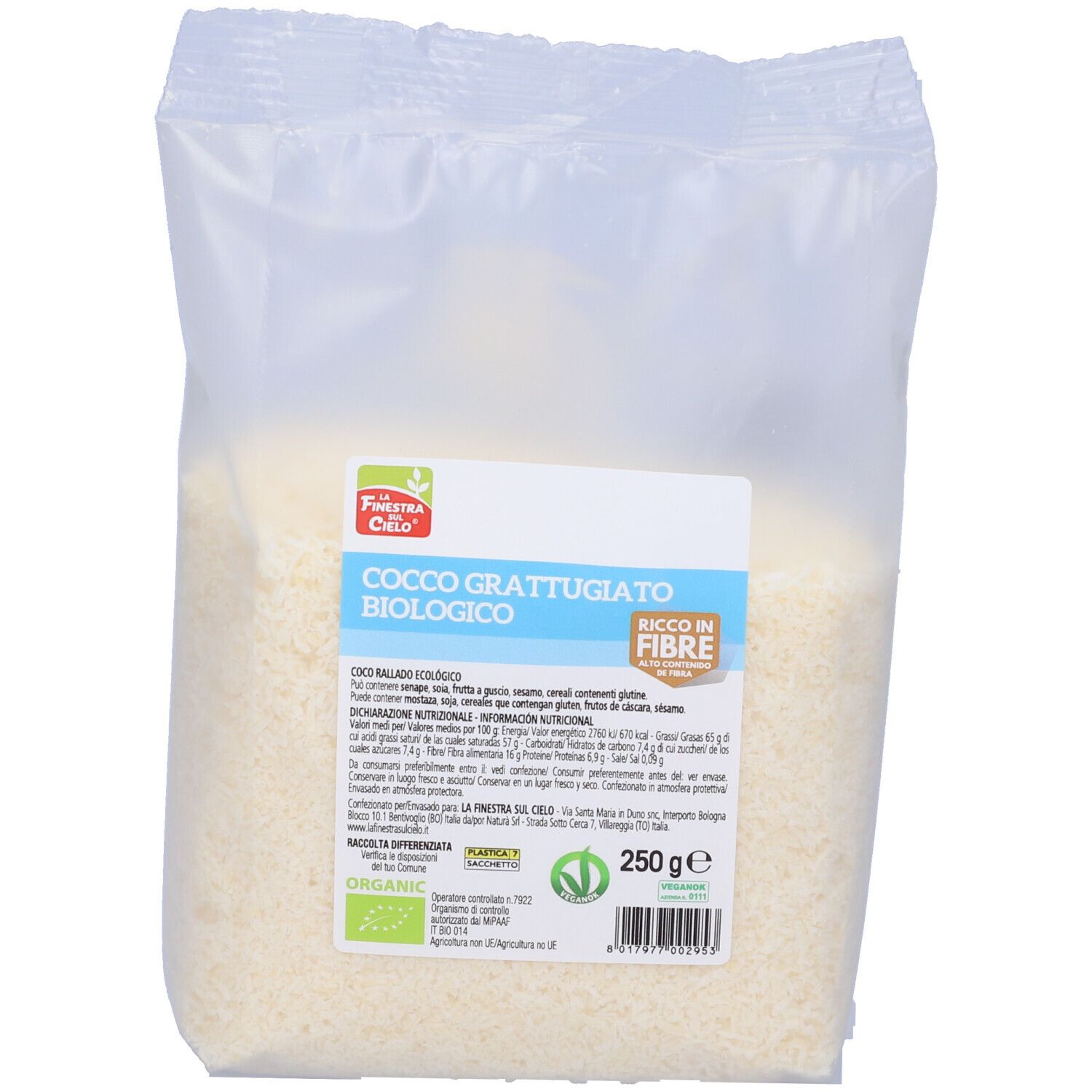Cocco grattugiato bio in confezione trasparente. Scritta: Cocco Grattugiato Bio, Ricco in Fibre, 250 g, marchio bio.